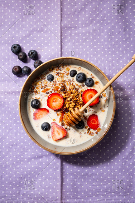 Overhead view of healthy breakfast on linen cloth