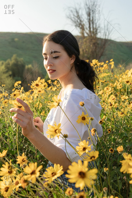 Pretty brunette holding flower in yellow flower fields and sunshine