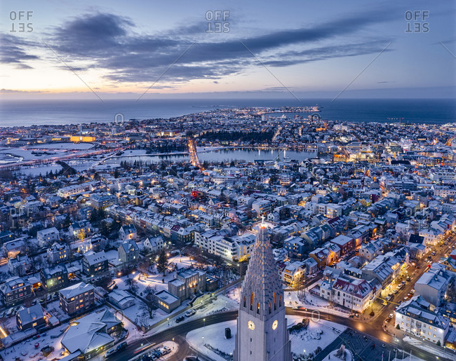 Majestic drone view of Reykjavik city center in twilight