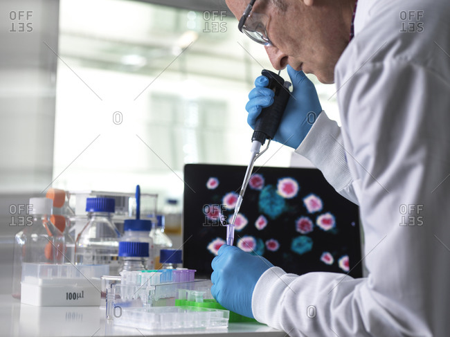 Pharmaceutical research into infectious disease and pandemics- scientist pipetting a sample of a new drug formula into a vial during a clinical trial with the infectious disease on the computer screen
