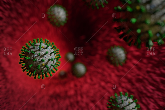 Medical illustration, floating corona virus cells inside human body.