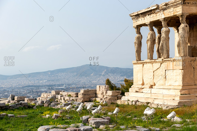 The porch of the Caryatids of the Erechtheion temple at the Acropolis of Athens, Greece