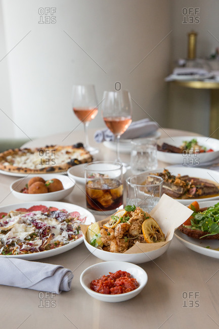 Variety of brunch dishes served with wine