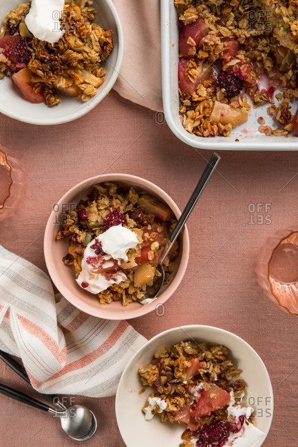 Overhead view of homemade granola crumble breakfast bowls