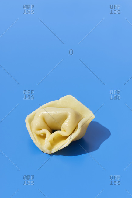 Lonely Cooked Tortellini On A Blue Background Stock Photo Offset