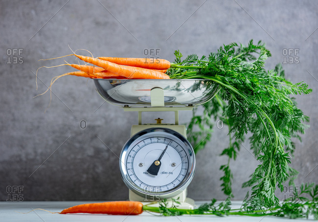 Carrots and vintage scale on grey background