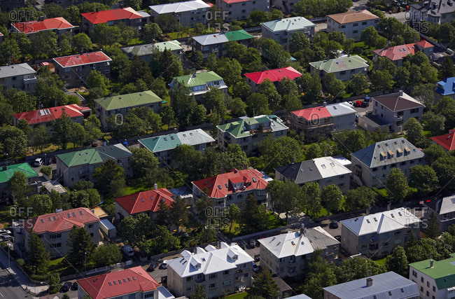Aerial shot of suburban area in Iceland capital Reykjavik