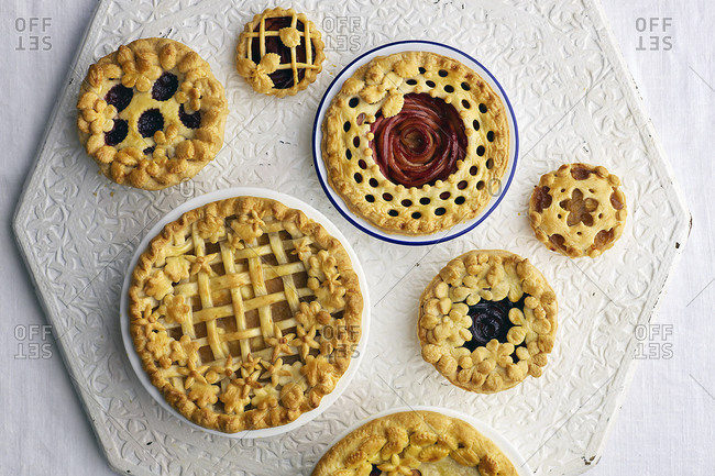 Overhead view of a variety of cooked tarts