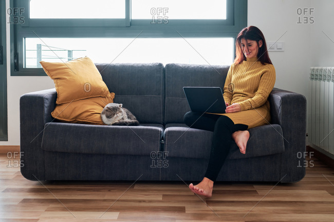 Woman working at home during coronavirus outbreak with her cat on the couch