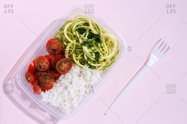 Homemade vegan food in lunch boxes with healthy vegetable fresh from above. Vegan food concept. Healthy food. Flat lay. Top view