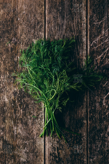 A bunch of fresh dill on wooden background