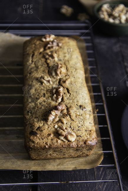 Just baked Banana bread decorated with walnut