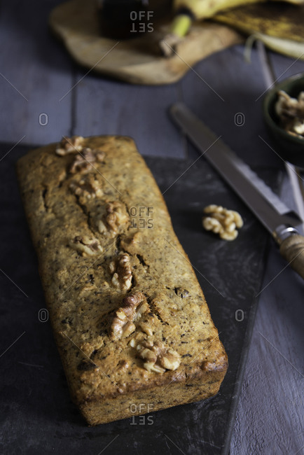 Banana bread decorated with walnut