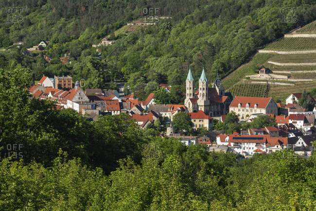 June 8, 2019: View of the winegrowing town of Freyburg with vineyards and St. Marien church, Freyburg (Unstrut), Saxony-Anhalt, Germany