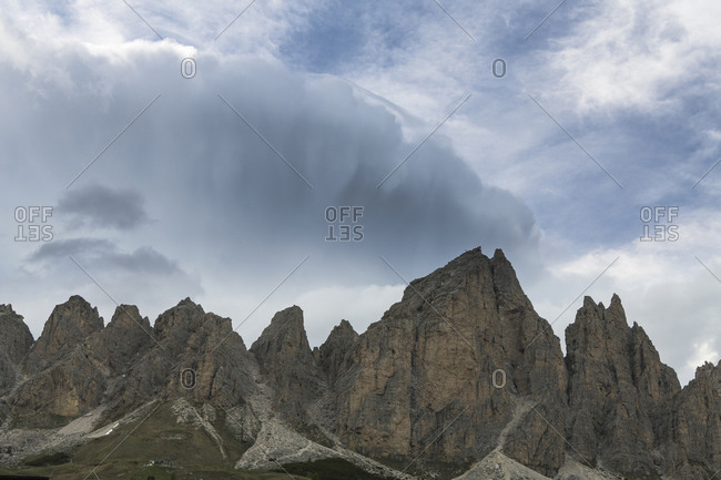 Thunderstorm at the Grodner Joch, mountain pass in the Dolomites, South Tyrol, Italy