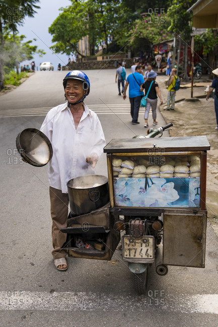 September 22, 2019: Street vendor, snack bar, Hue, Vietnam