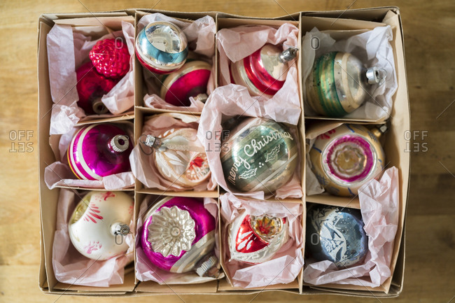 Vintage Christmas ornaments in box