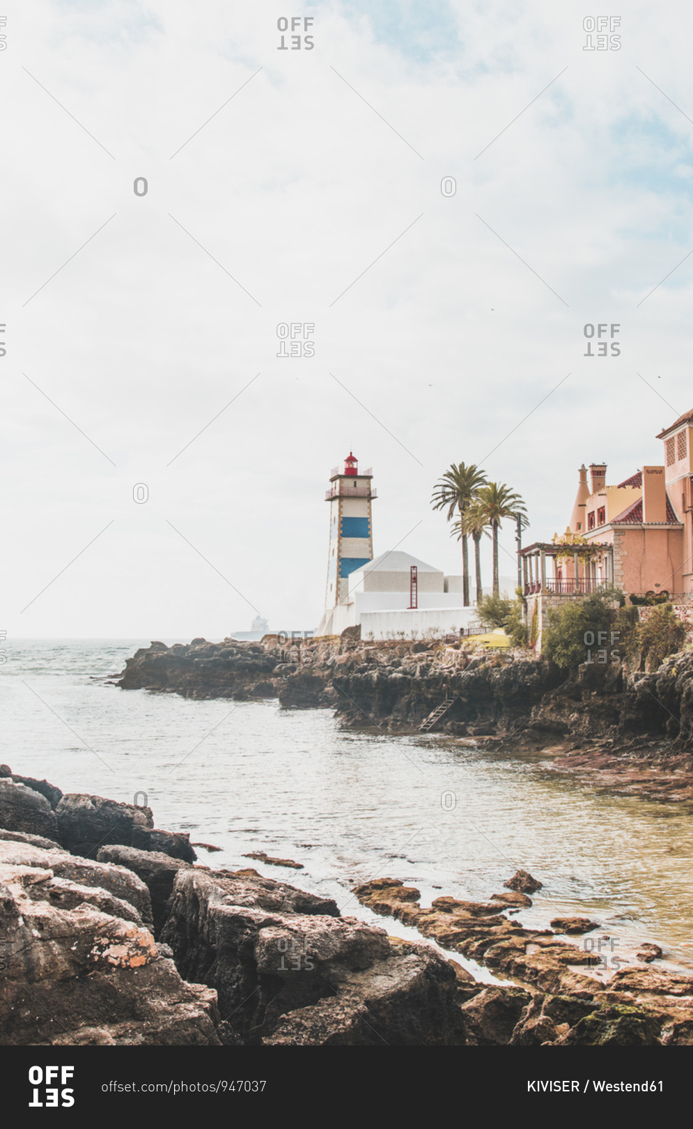 Portugal- Lisbon District- Cascais- Rocky coastline and Santa Marta Lighthouse