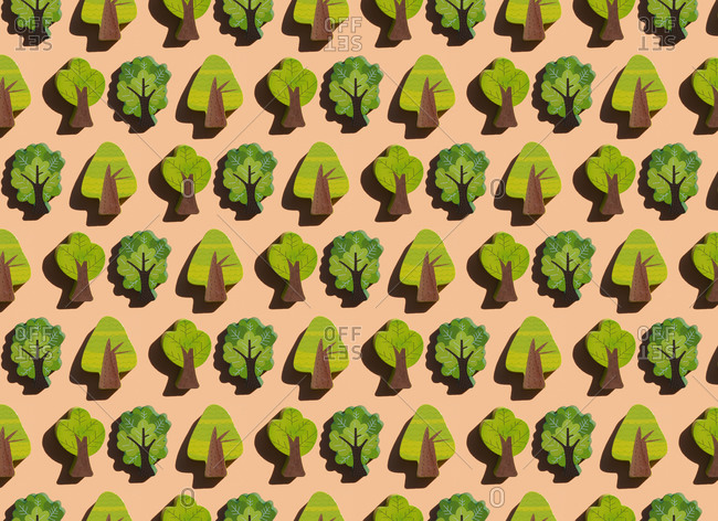 Pattern of rows of small wooden trees