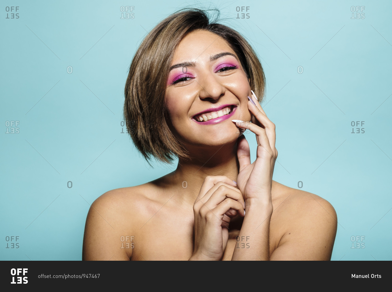 Soft skin beautiful woman with short hair on a blue background stock ...