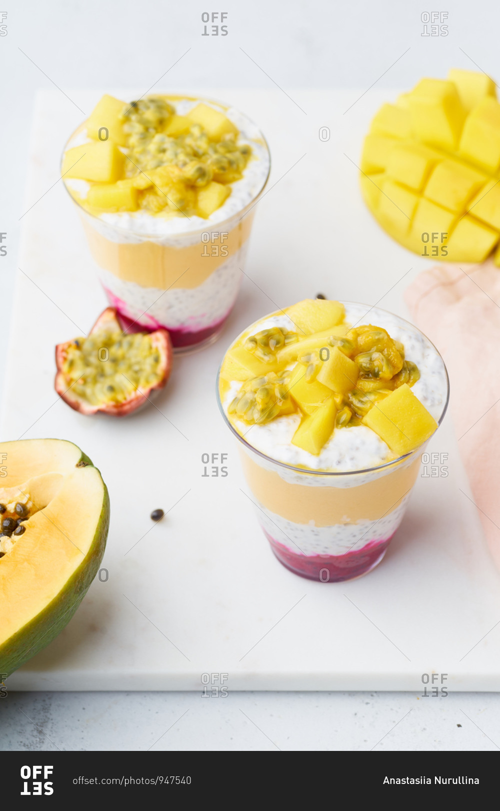 Chia pudding with mango and tropical fruits smoothie. Healthy gourmet breakfast.