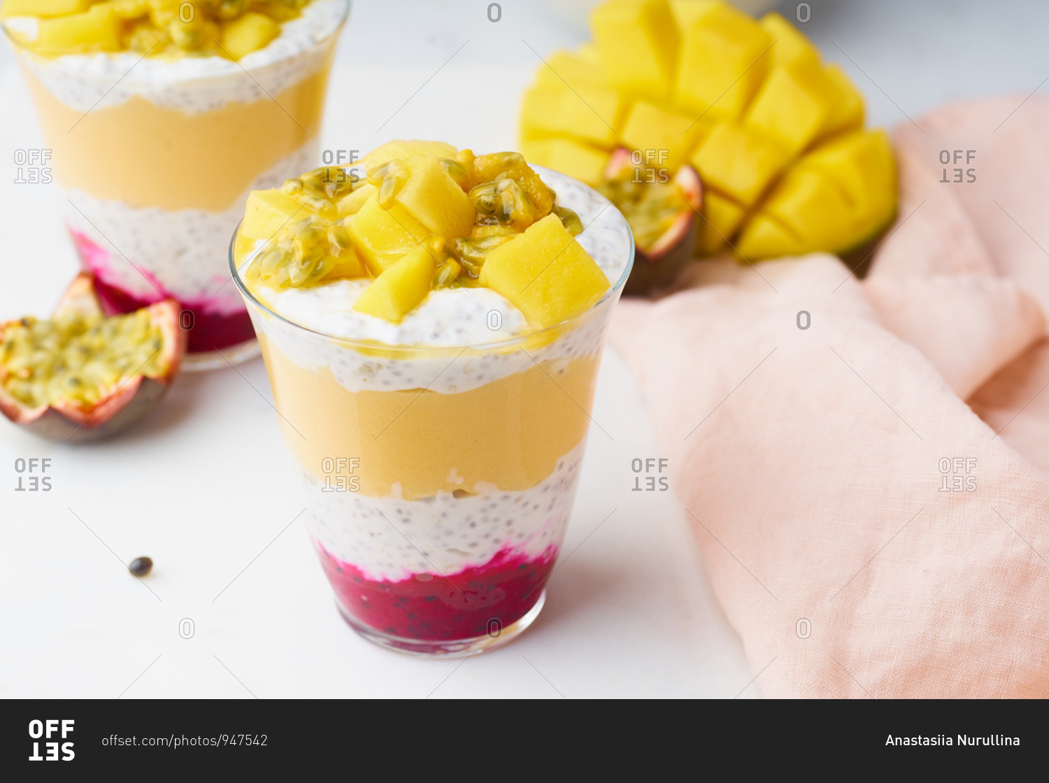 Chia pudding with mango and tropical fruits smoothie. Healthy gourmet breakfast.