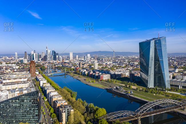 April 16, 2020: Germany- Hesse- Frankfurt- Helicopter view of river main and European Central Bank