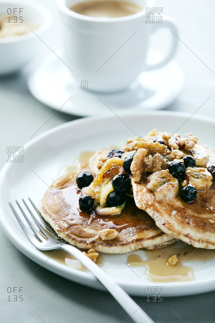 Blueberry Banana Walnut Pancakes with Syrup