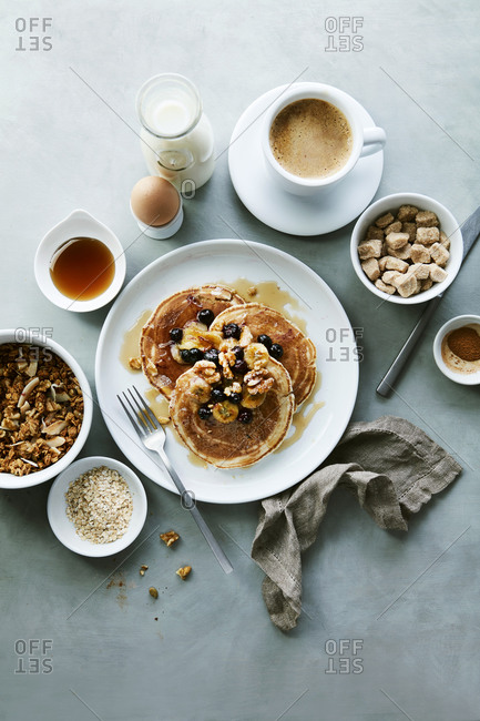 Whole Wheat Blueberry Walnut Banana Pancakes with Granola and Coffee