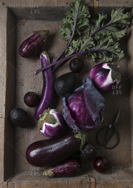 Purple Garden Vegetables in Wooden Bowl