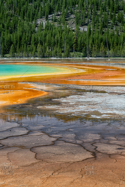 Vertical partial view of Grand Prismatic pool with orange bacteria mat, Yellowstone National Park