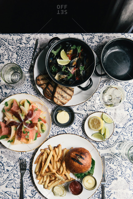 Overhead of a meal out at a new American restaurant
