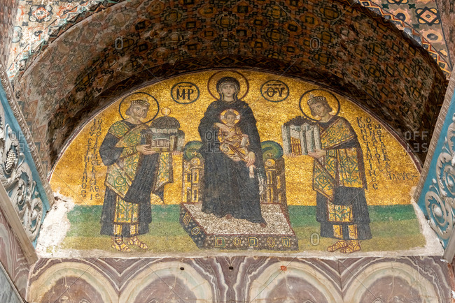 February 21, 2018: Mosaic of 12th century inside Haghia Sophia Mosque. Istanbul, Turkey