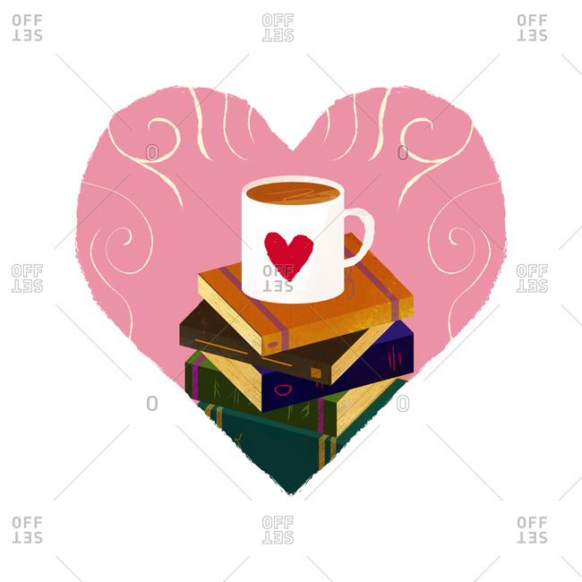 Coffee mug with heart on a stack of books