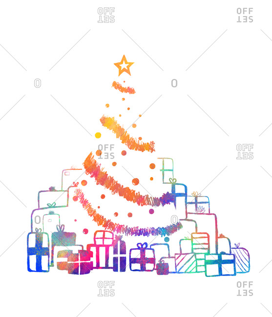 Christmas tree with multicolored presents and decorations