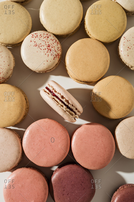 Close up of a variety of macarons