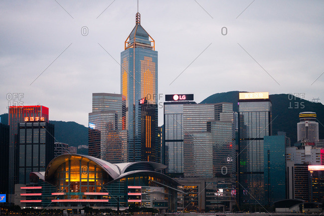Hong Kong - May 6, 2020: Financial district at dusk