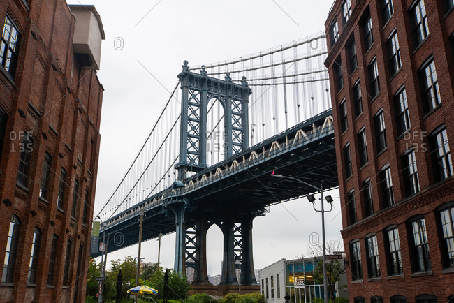 New York, New York - May 6, 2020: Manhattan Bridge view from Brooklyn