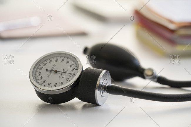 Blood pressure gauge on table