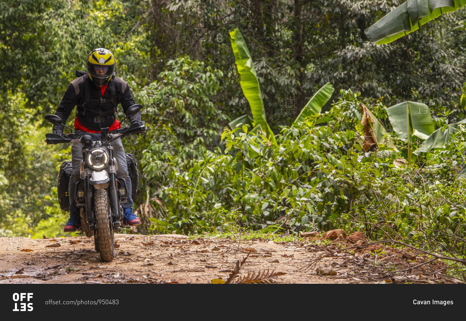 Man riding his scrambler type motorcycle through forest