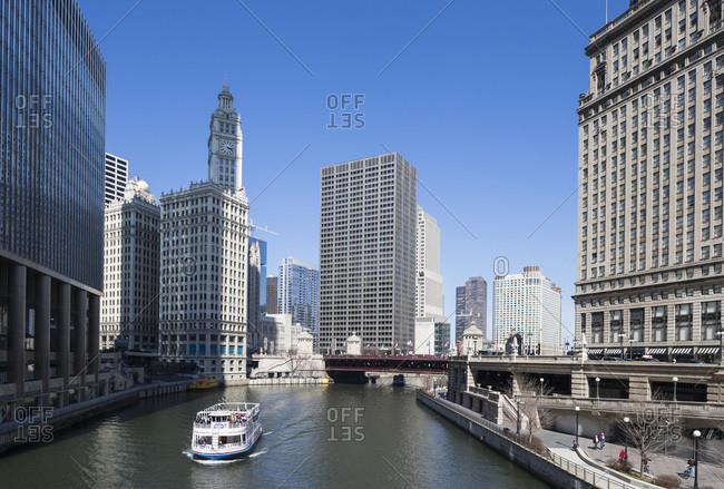 April 14, 2013:  - April 14, 2013: United States- Illinois- Chicago- View of Excursion ship on Chicago River