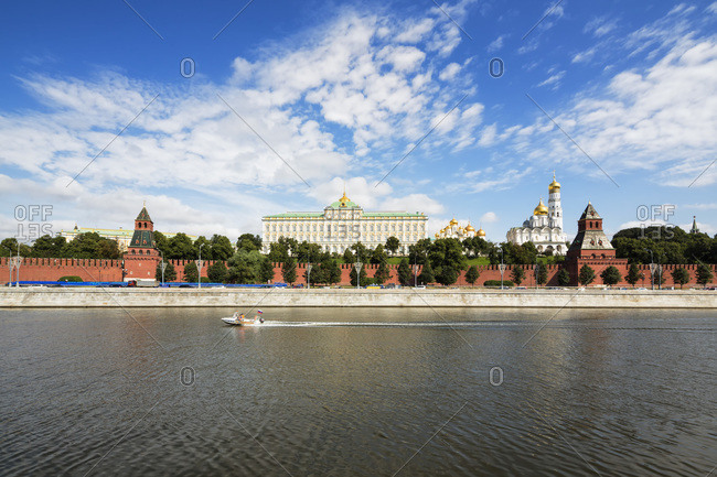 Russia- Moscow- River Moskva- Kremlin wall with towers and cathedrals