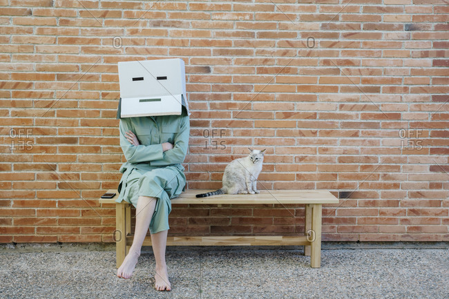 Woman sitting on bench with cat in front of brick wall with serious  face on cardboard box