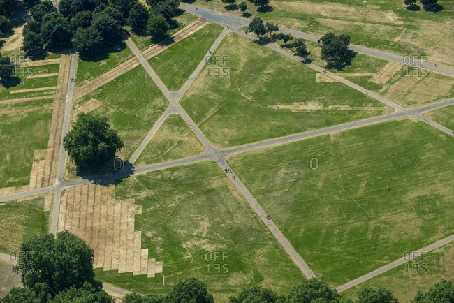 View from above of intersecting paths in Hyde Park in London