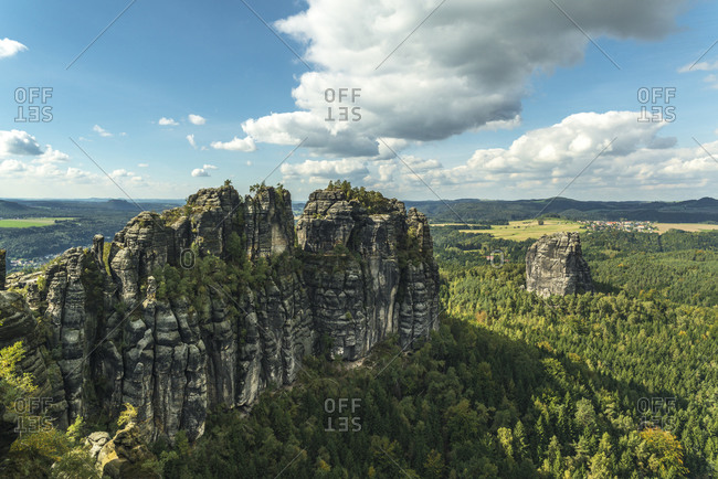 View on the Schrammsteine and the Falkenstein, Elbe Sandstone Mountains, Saxony, Germany