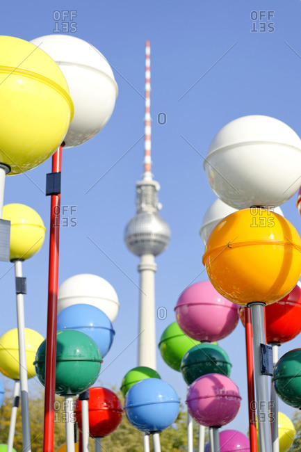 October 21, 2012: Colorful Berlin, shining balls in front of TV Tower, Alexanderplatz, Berlin, Germany