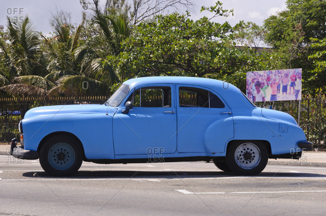 April 6, 2012: Blue Vintage Car in Havana, Cuba