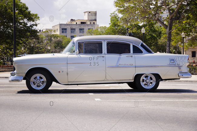 April 6, 2012: White Vintage Car in Havana, Cuba