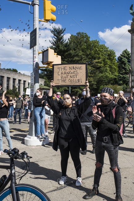 New York City, New York, USA - May 31, 2020: Peaceful protest at Grand Army Plaza demanding justice for the death of George Floyd, through Prospect Park, organized by Park Slope families, Brooklyn , New York City, USA.