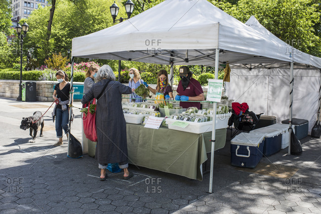 New York City, New York, USA - May 21, 2020: Farm Stand with farmer's and market-goers wearing masks and social distancing, Union Square Farmer's Market, New York City, USA.